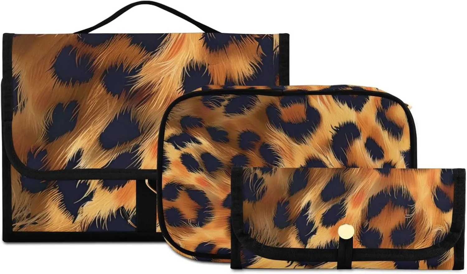 Foldable Hanging Travel Toiletry Organizer Set 3-Piece with Cosmetic Bag & Brush Holder - Cheetah (5)