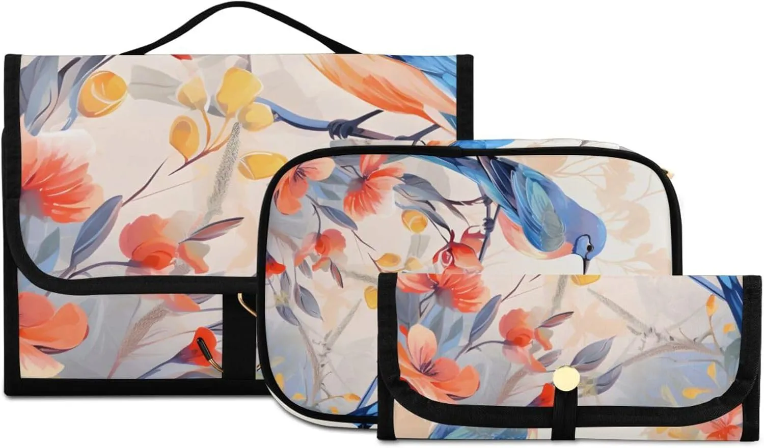 Foldable Hanging Travel Toiletry Organizer Set 3-Piece with Cosmetic Bag & Brush Holder - Chinese Painting Bird (3)