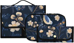 Foldable Hanging Travel Toiletry Organizer Set 3-Piece with Cosmetic Bag & Brush Holder - Chinese Painting Bird (6)