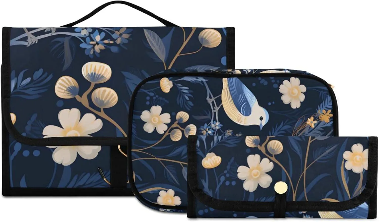 Foldable Hanging Travel Toiletry Organizer Set 3-Piece with Cosmetic Bag & Brush Holder - Chinese Painting Bird (6)