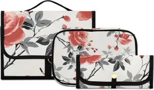 Foldable Hanging Travel Toiletry Organizer Set 3-Piece with Cosmetic Bag & Brush Holder - Chinese Painting Sunflower (2)