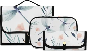 Foldable Hanging Travel Toiletry Organizer Set 3-Piece with Cosmetic Bag & Brush Holder - Cute Dragonfly