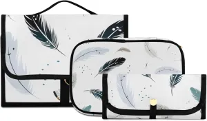 Foldable Hanging Travel Toiletry Organizer Set 3-Piece with Cosmetic Bag & Brush Holder - Cute Feather