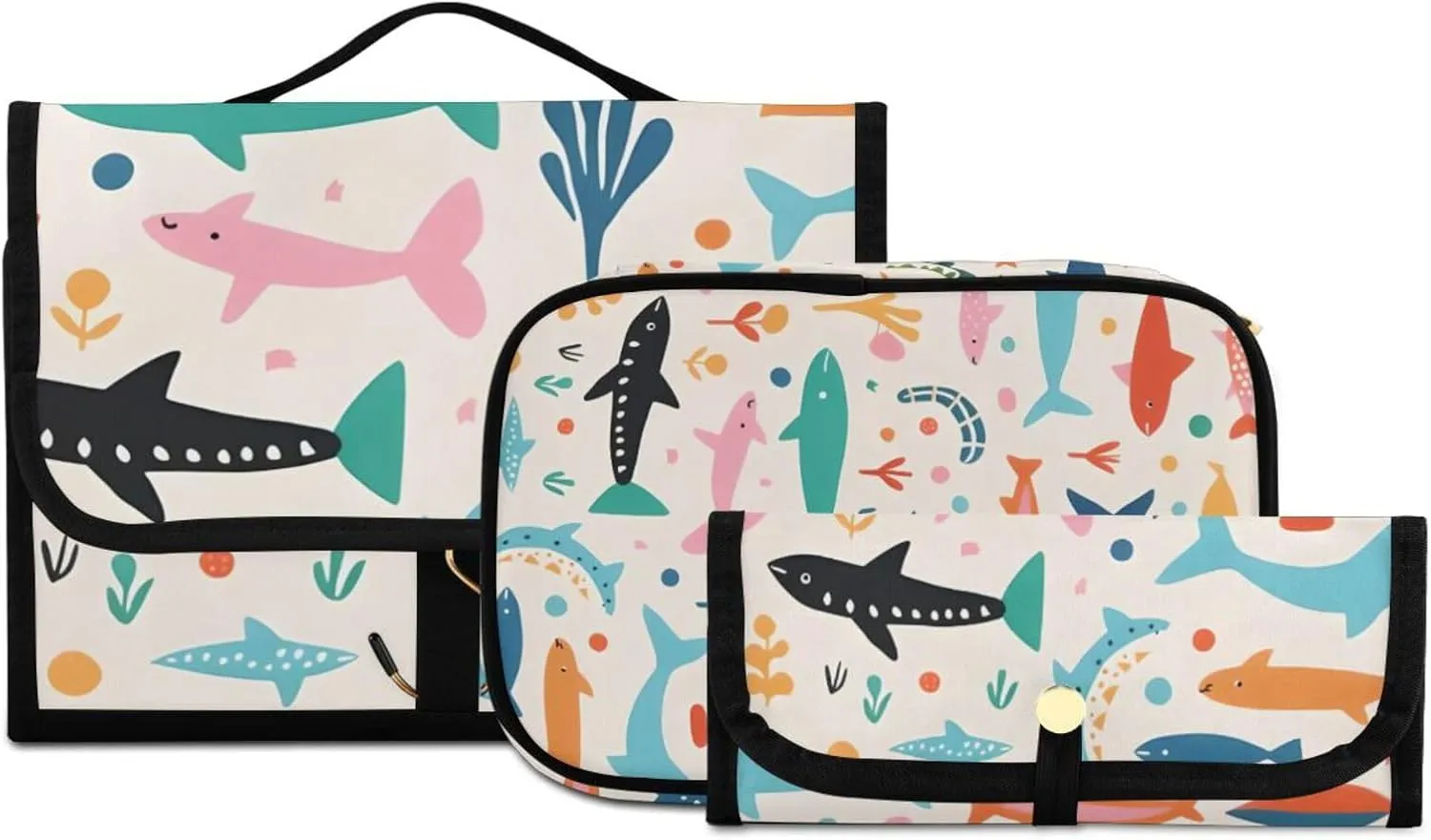 Foldable Hanging Travel Toiletry Organizer Set 3-Piece with Cosmetic Bag & Brush Holder - Cute Illustration Shark