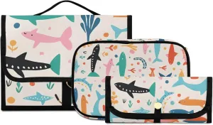 Foldable Hanging Travel Toiletry Organizer Set 3-Piece with Cosmetic Bag & Brush Holder - Cute Illustration Shark