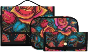 Foldable Hanging Travel Toiletry Organizer Set 3-Piece with Cosmetic Bag & Brush Holder - Cute Roses (2)