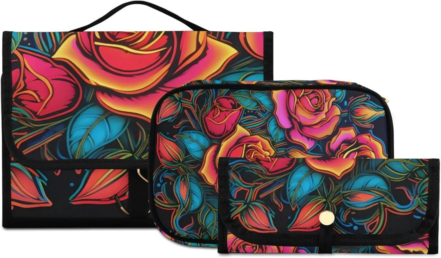 Foldable Hanging Travel Toiletry Organizer Set 3-Piece with Cosmetic Bag & Brush Holder - Cute Roses (2)