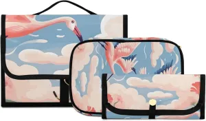 Foldable Hanging Travel Toiletry Organizer Set 3-Piece with Cosmetic Bag & Brush Holder - Flamingo (14)