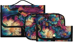 Foldable Hanging Travel Toiletry Organizer Set 3-Piece with Cosmetic Bag & Brush Holder - Flower (19)