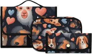 Foldable Hanging Travel Toiletry Organizer Set 3-Piece with Cosmetic Bag & Brush Holder - Flowers Dog