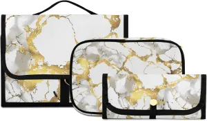 Foldable Hanging Travel Toiletry Organizer Set 3-Piece with Cosmetic Bag & Brush Holder - Marble (16)
