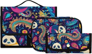 Foldable Hanging Travel Toiletry Organizer Set 3-Piece with Cosmetic Bag & Brush Holder - Panda (33)