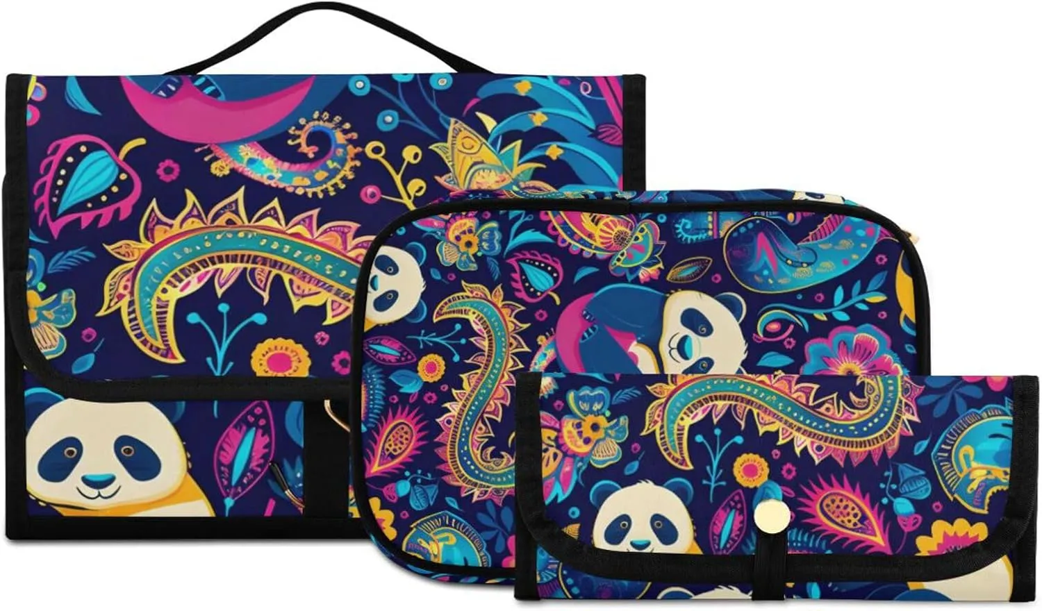 Foldable Hanging Travel Toiletry Organizer Set 3-Piece with Cosmetic Bag & Brush Holder - Panda (33)