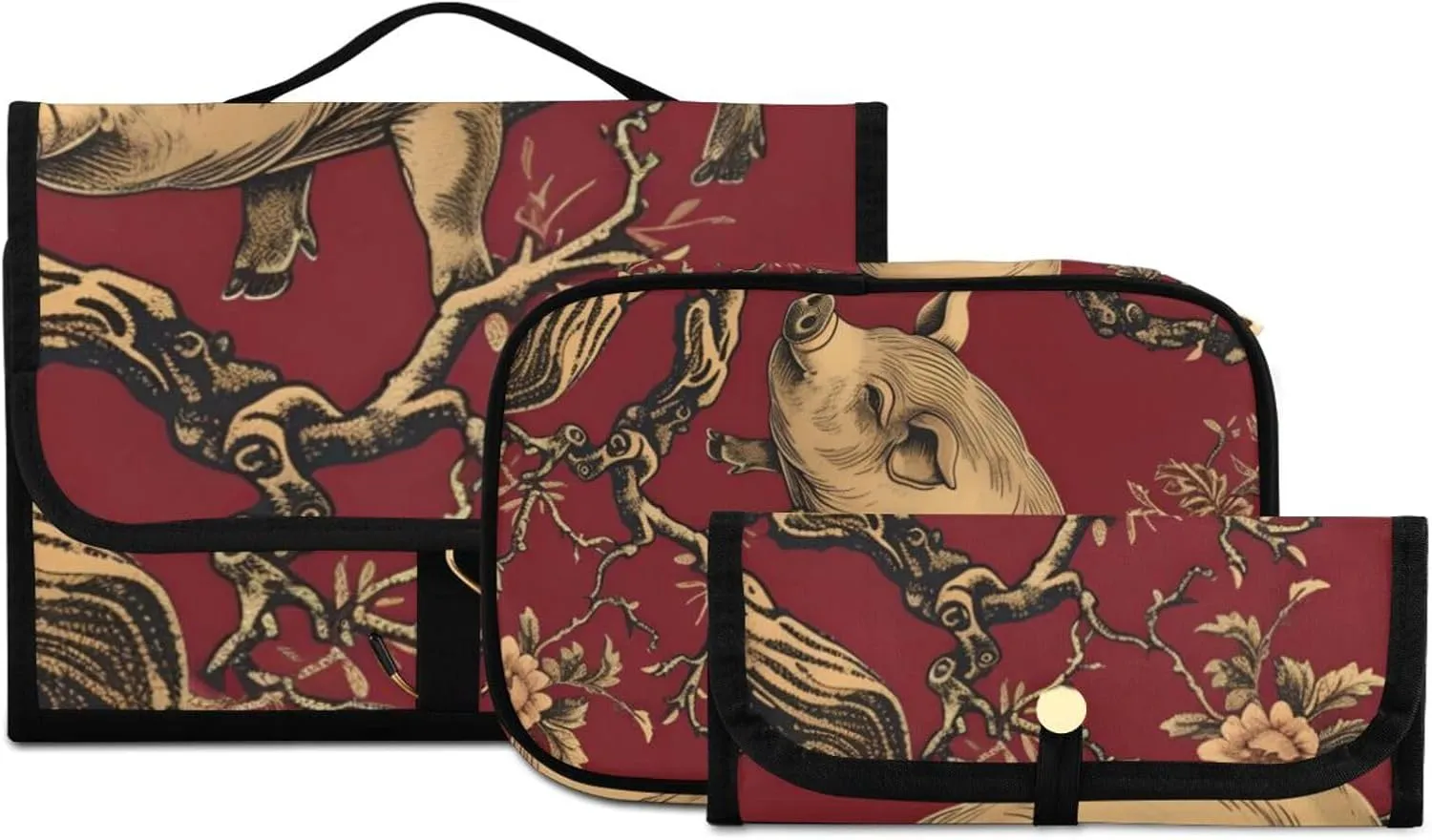 Foldable Hanging Travel Toiletry Organizer Set 3-Piece with Cosmetic Bag & Brush Holder - Pig (1)
