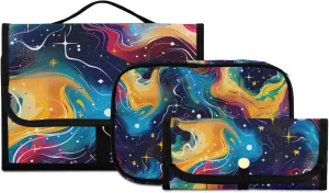 Foldable Hanging Travel Toiletry Organizer Set 3-Piece with Cosmetic Bag & Brush Holder - Starry Sky Universe (4)