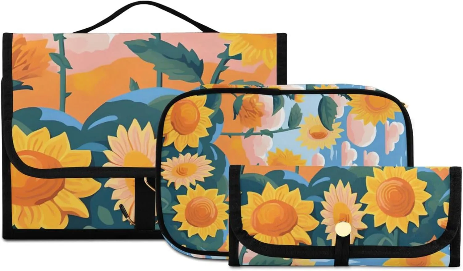 Foldable Hanging Travel Toiletry Organizer Set 3-Piece with Cosmetic Bag & Brush Holder - Sunflower (36)