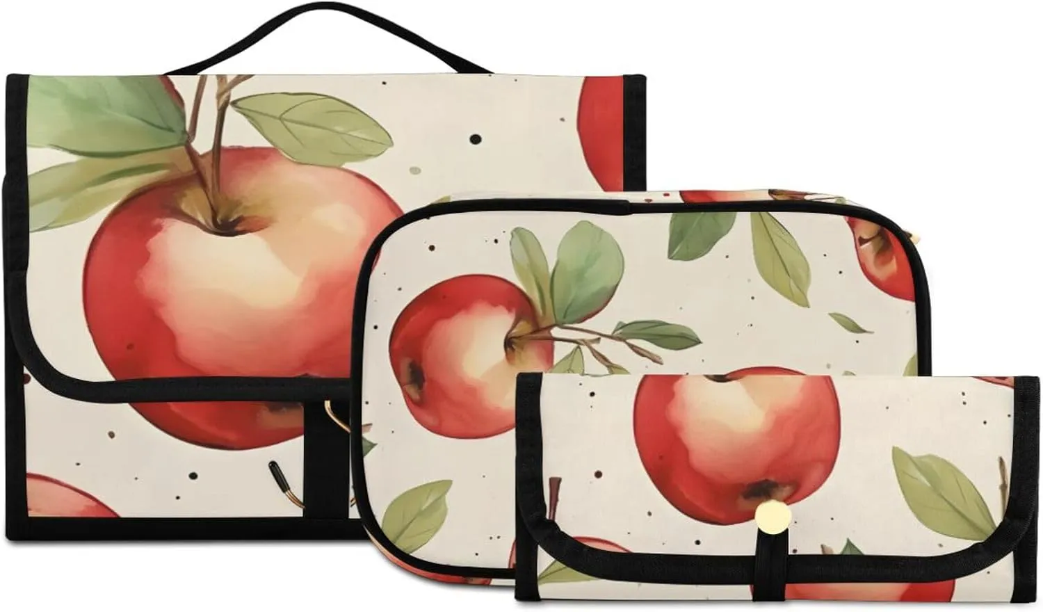 Foldable Hanging Travel Toiletry Organizer Set 3-Piece with Cosmetic Bag & Brush Holder - Watercolor Apple (1)