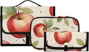 Foldable Hanging Travel Toiletry Organizer Set 3-Piece with Cosmetic Bag & Brush Holder - Watercolor Apple (1)