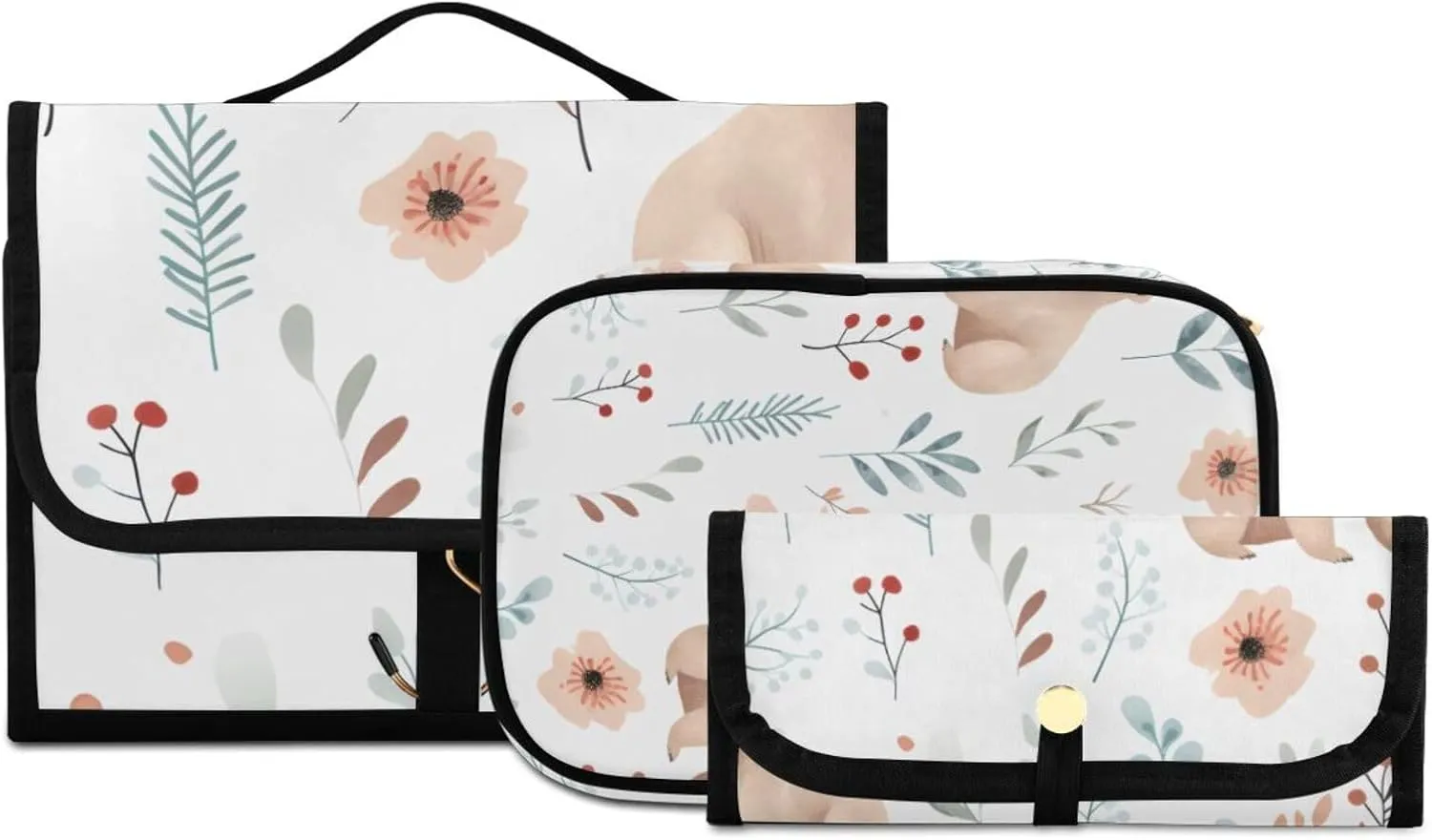 Foldable Hanging Travel Toiletry Organizer Set 3-Piece with Cosmetic Bag & Brush Holder - Watercolor Bear (1)