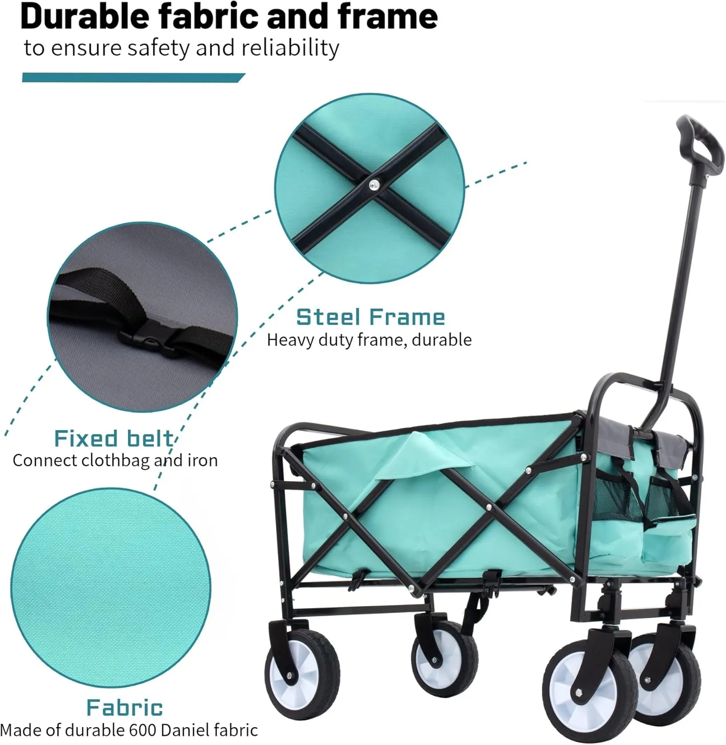 Foldable Utility Cart with Strap System, Garden Cart with 6'' Wheels, Collapsible Wagon with 2 Cup Holders and 3pcs Plastic Liner Bag/Cover, Grocery Cart for Beach Picnics(Light Green)