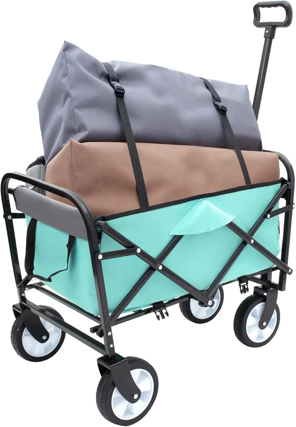 Foldable Utility Cart with Strap System, Garden Cart with 6'' Wheels, Collapsible Wagon with 2 Cup Holders and 3pcs Plastic Liner Bag/Cover, Grocery Cart for Beach Picnics(Light Green)