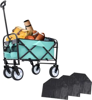 Foldable Utility Cart with Strap System, Garden Cart with 6'' Wheels, Collapsible Wagon with 2 Cup Holders and 3pcs Plastic Liner Bag/Cover, Grocery Cart for Beach Picnics(Light Green)