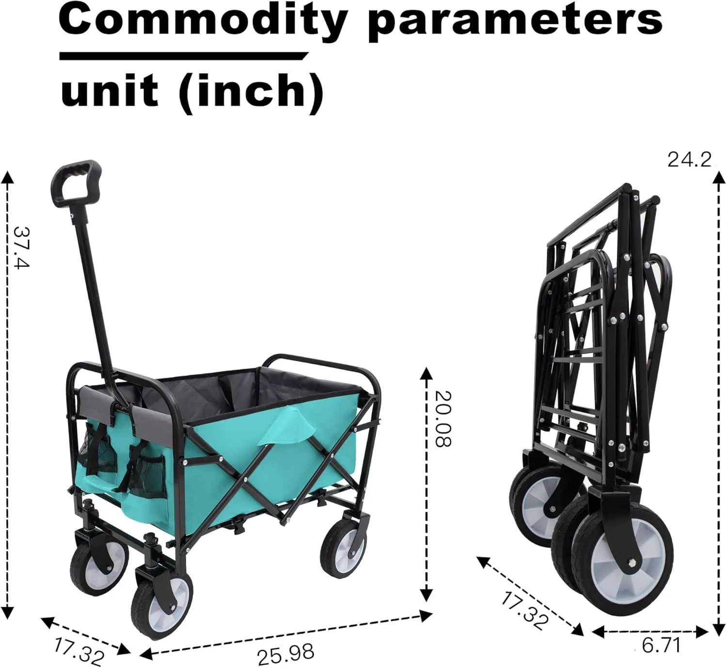 Foldable Utility Cart with Strap System, Garden Cart with 6'' Wheels, Collapsible Wagon with 2 Cup Holders and 3pcs Plastic Liner Bag/Cover, Grocery Cart for Beach Picnics(Light Green)