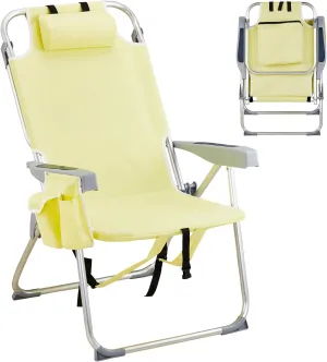 Folding Beach Chair for Adults,5 Positions Reclining Camping Chair Aluminum Portable Lawn Chair with Headrest and Cooler Pockets,Lounge Chair for Camp,Fishing,Picnics, Sports,220lbs Support,Yellow