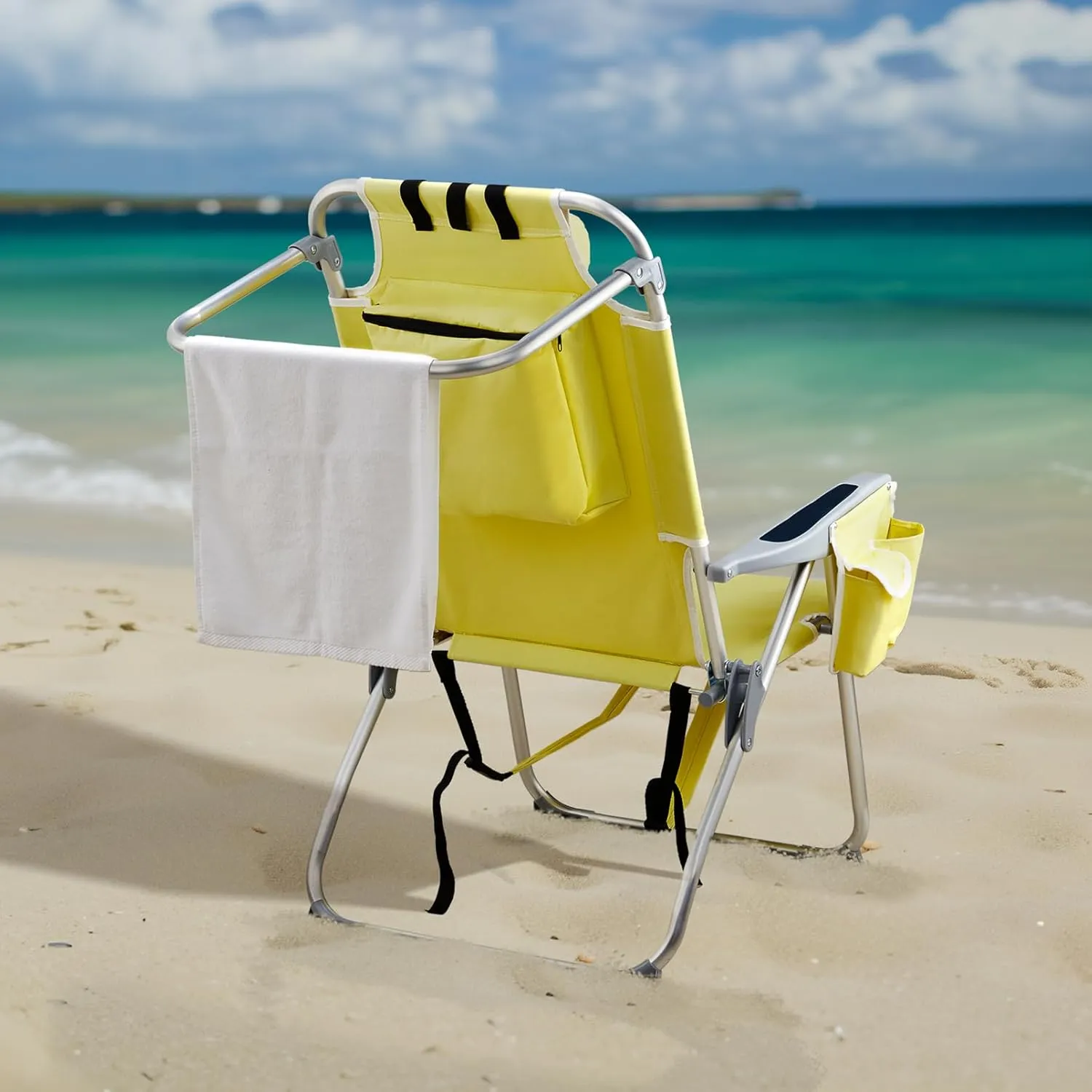 Folding Beach Chair for Adults,5 Positions Reclining Camping Chair Aluminum Portable Lawn Chair with Headrest and Cooler Pockets,Lounge Chair for Camp,Fishing,Picnics, Sports,220lbs Support,Yellow