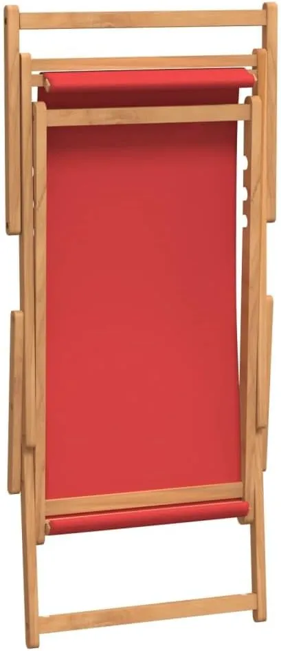 Folding Beach Chair Solid Teak Wood Red Outdoor Lounge Chair Adjustable Backrest for Patio Poolside Tanning and Camping