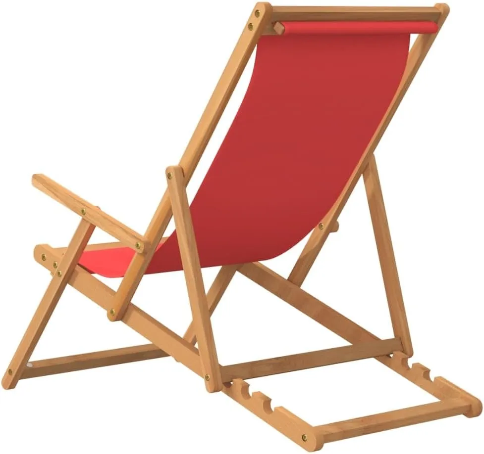Folding Beach Chair Solid Teak Wood Red Outdoor Lounge Chair Adjustable Backrest for Patio Poolside Tanning and Camping