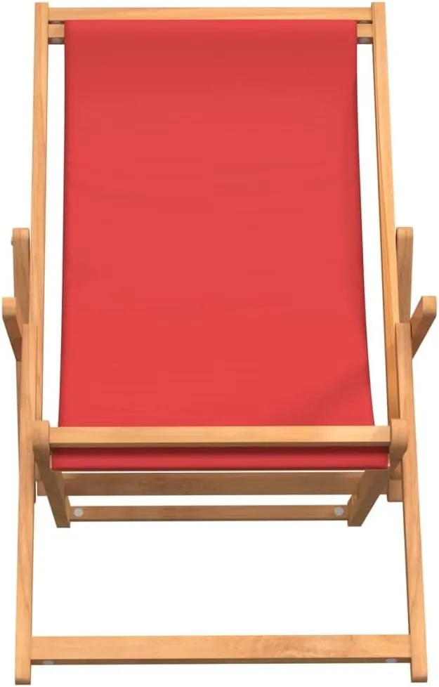 Folding Beach Chair Solid Teak Wood Red Outdoor Lounge Chair Adjustable Backrest for Patio Poolside Tanning and Camping