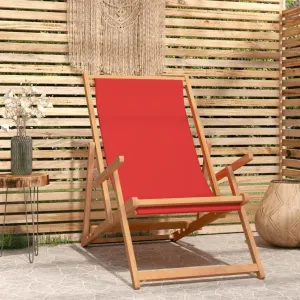 Folding Beach Chair Solid Teak Wood Red Outdoor Lounge Chair Adjustable Backrest for Patio Poolside Tanning and Camping