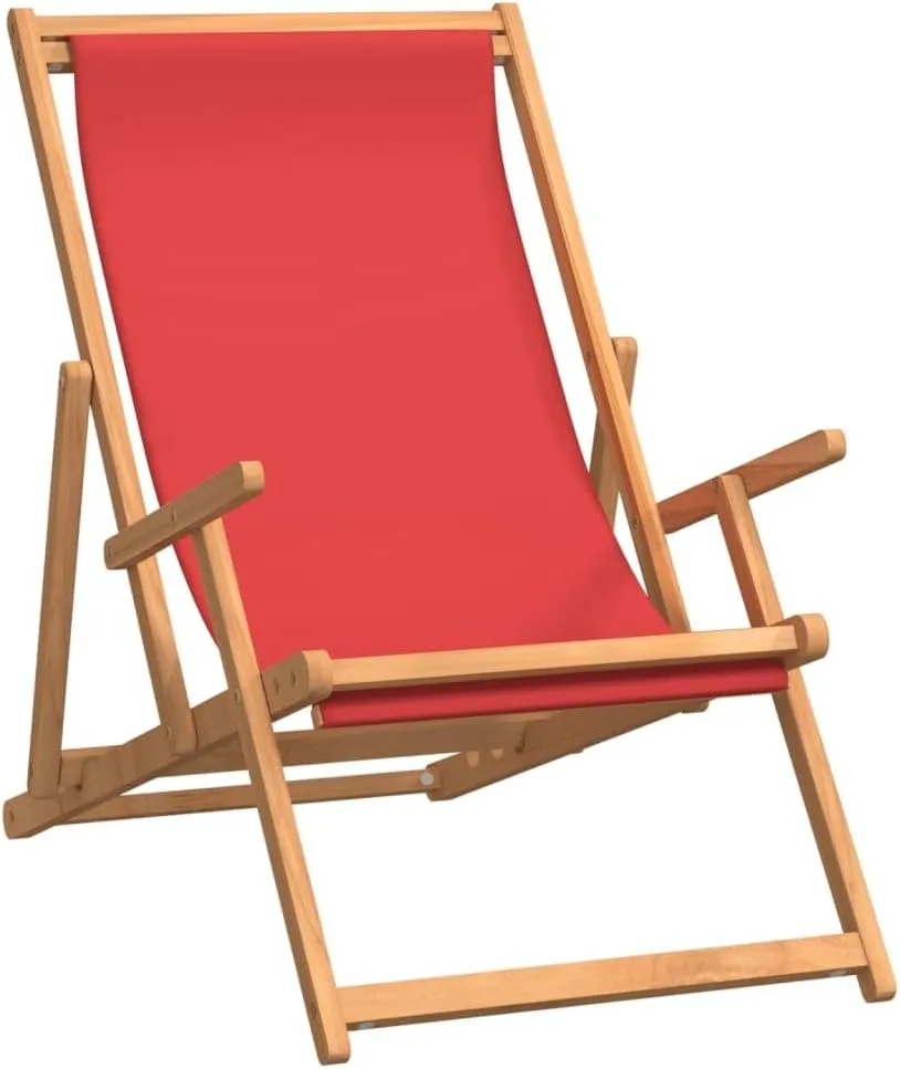 Folding Beach Chair Solid Teak Wood Red Outdoor Lounge Chair Adjustable Backrest for Patio Poolside Tanning and Camping