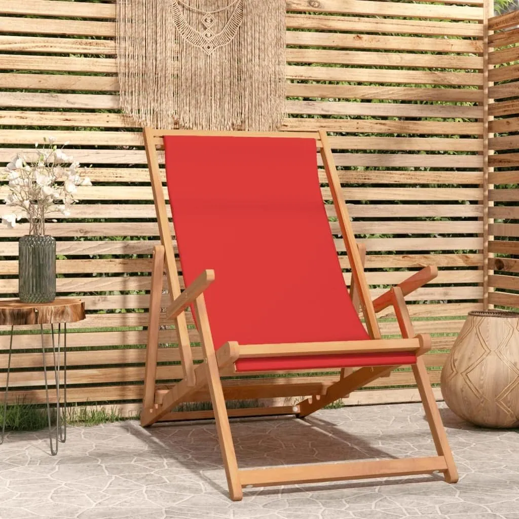 Folding Beach Chair Solid Teak Wood Red Outdoor Lounge Chair Adjustable Backrest for Patio Poolside Tanning and Camping