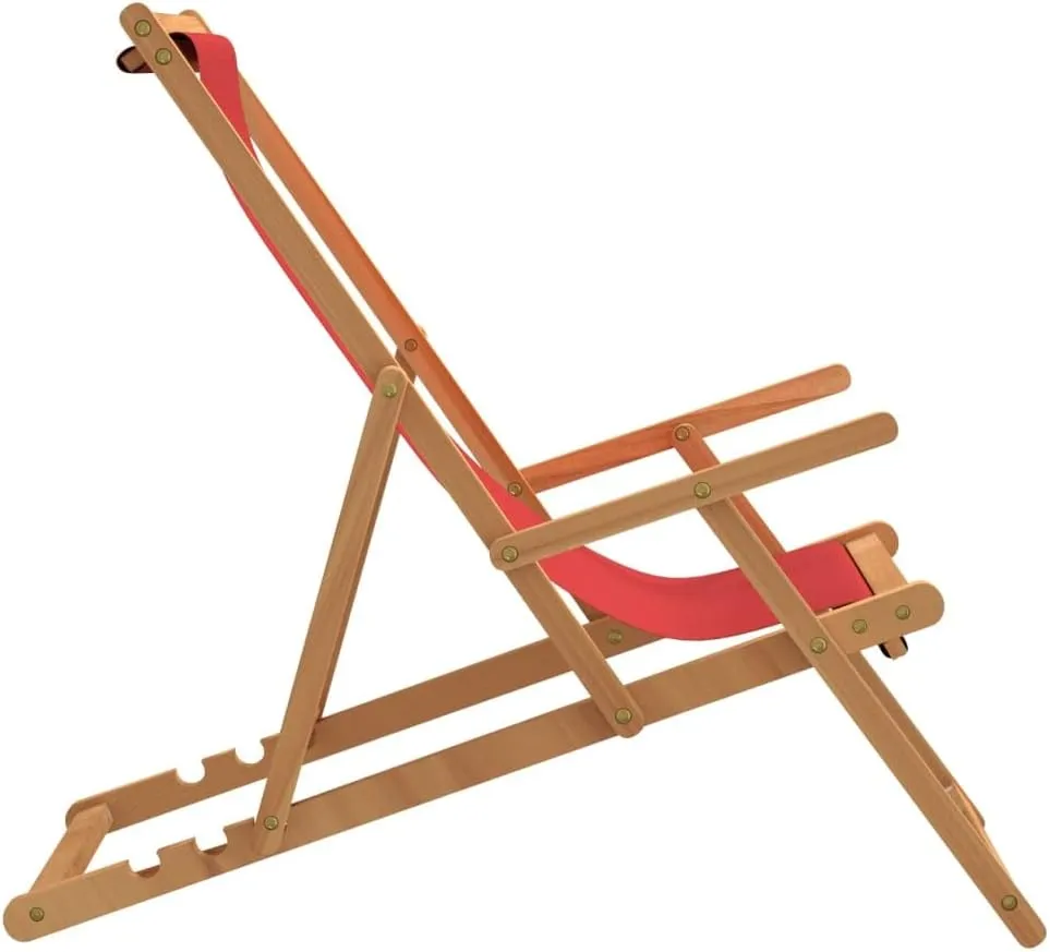 Folding Beach Chair Solid Teak Wood Red Outdoor Lounge Chair Adjustable Backrest for Patio Poolside Tanning and Camping