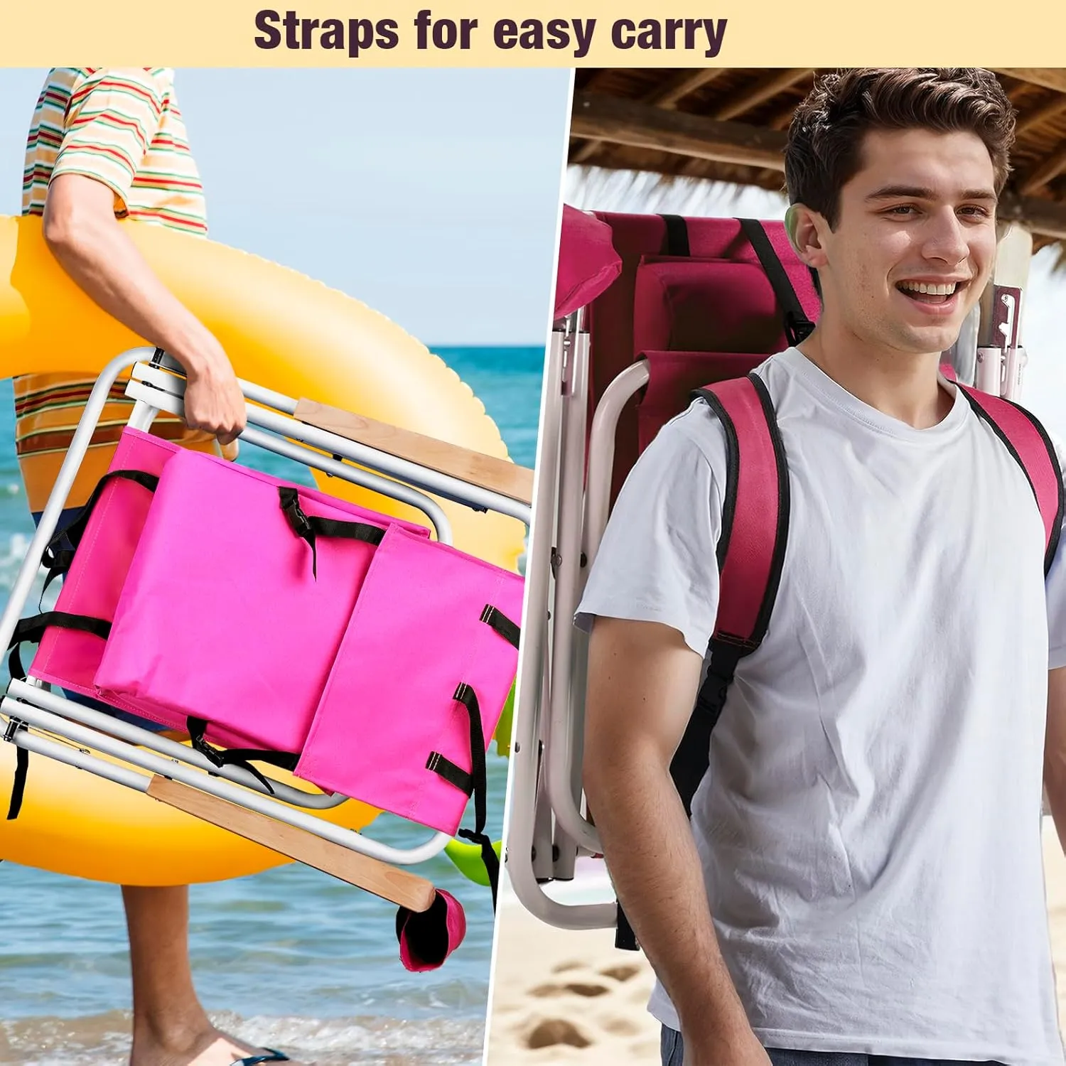 Folding Beach Chair with 350LBS Capacity, Portable Backpack Chair with 4 Position Reclining for Pool, Patio, Outdoor Concert Travel and Camping(Pink-1 Pack)