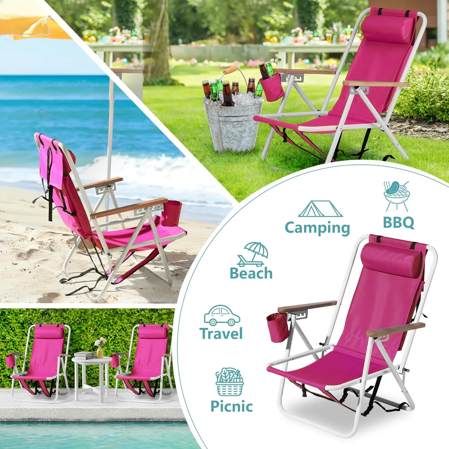 Folding Beach Chair with 350LBS Capacity, Portable Backpack Chair with 4 Position Reclining for Pool, Patio, Outdoor Concert Travel and Camping(Pink-1 Pack)