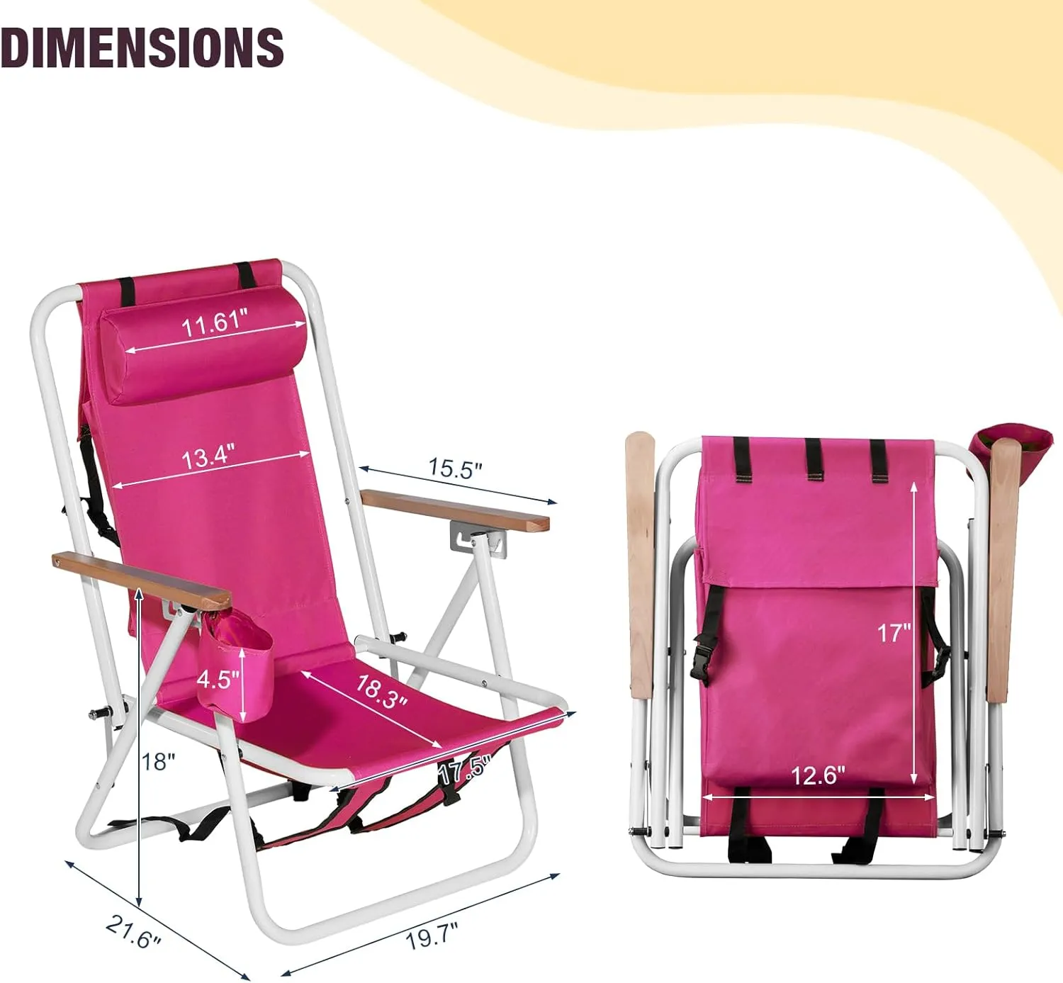 Folding Beach Chair with 350LBS Capacity, Portable Backpack Chair with 4 Position Reclining for Pool, Patio, Outdoor Concert Travel and Camping(Pink-1 Pack)