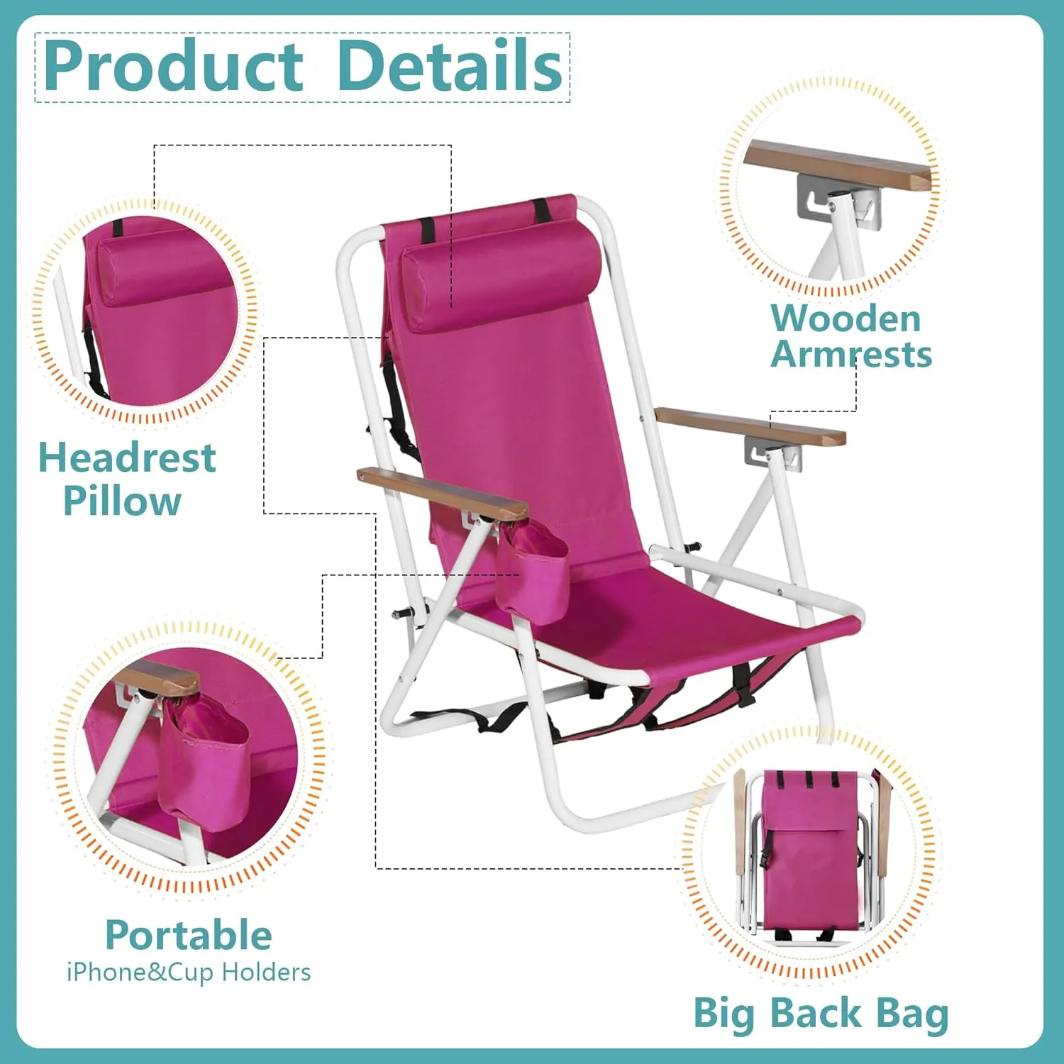 Folding Beach Chair with 350LBS Capacity, Portable Backpack Chair with 4 Position Reclining for Pool, Patio, Outdoor Concert Travel and Camping(Pink-1 Pack)