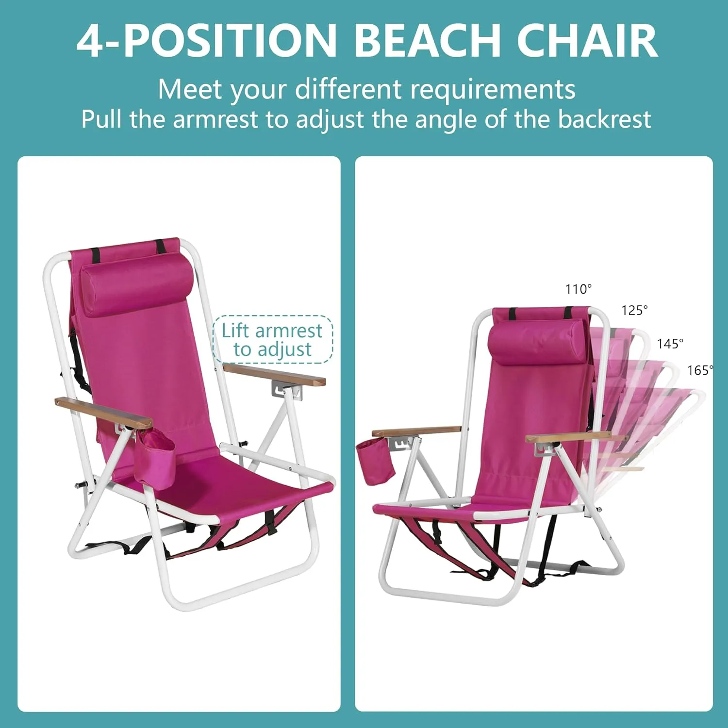 Folding Beach Chair with 350LBS Capacity, Portable Backpack Chair with 4 Position Reclining for Pool, Patio, Outdoor Concert Travel and Camping(Pink-1 Pack)