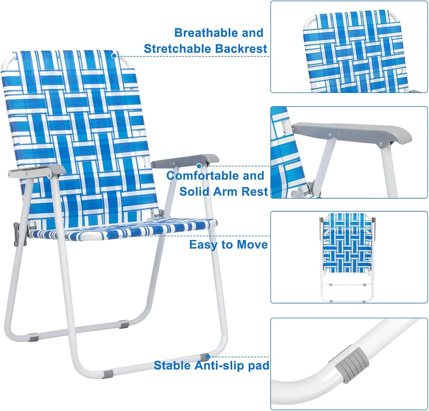 Folding Beach Chairs for Adults 2 Pack,Webbed Lawn Chairs Set Outdoor Portable Patio Camping Chair for Yard, Garden Concert Lawn Festival Sports,265 Lbs,21.26" x 21" x 36.4",Blue & White Strip