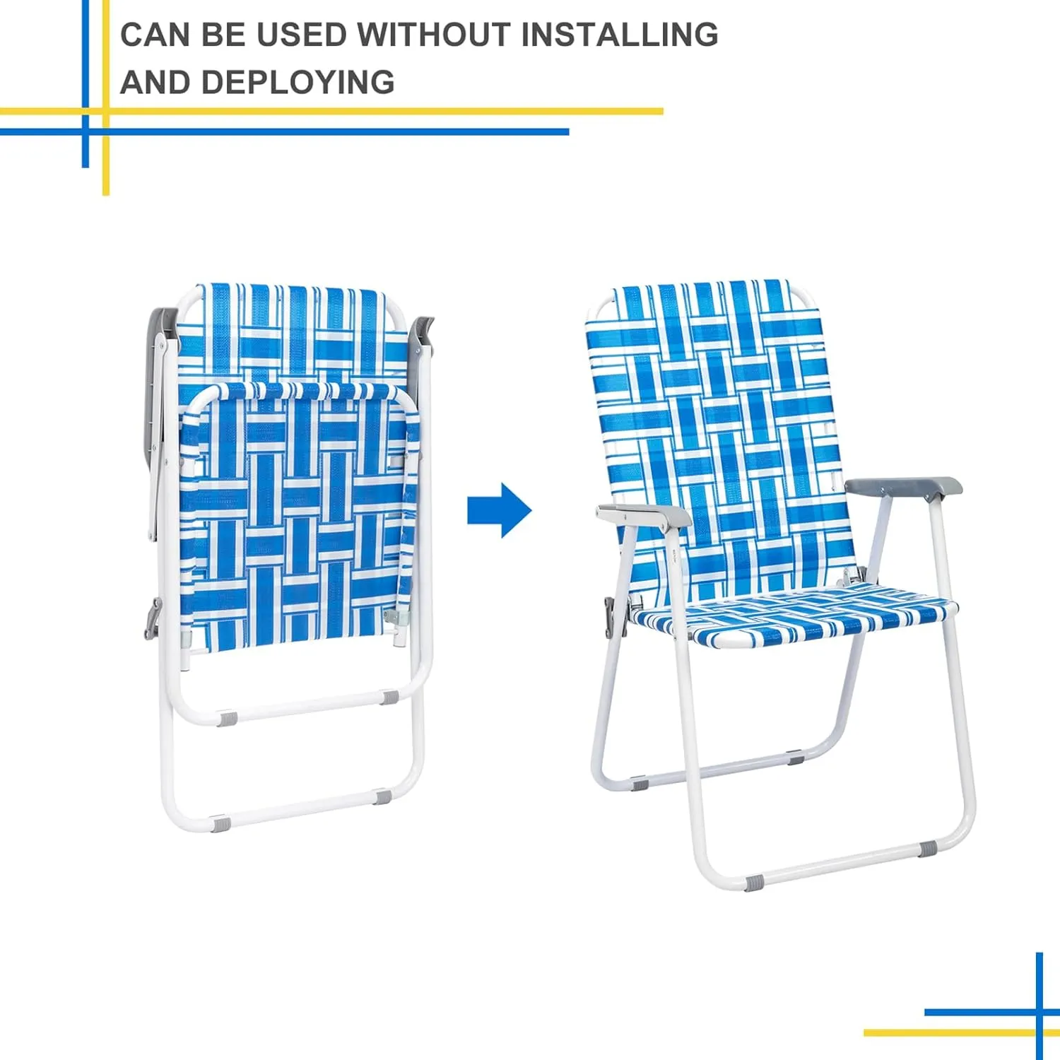 Folding Beach Chairs for Adults 2 Pack,Webbed Lawn Chairs Set Outdoor Portable Patio Camping Chair for Yard, Garden Concert Lawn Festival Sports,265 Lbs,21.26" x 21" x 36.4",Blue & White Strip