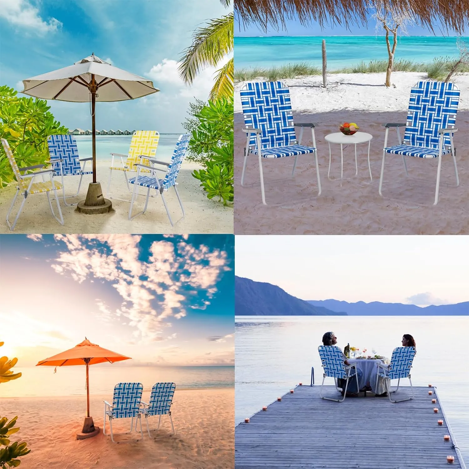 Folding Beach Chairs for Adults 2 Pack,Webbed Lawn Chairs Set Outdoor Portable Patio Camping Chair for Yard, Garden Concert Lawn Festival Sports,265 Lbs,21.26" x 21" x 36.4",Blue & White Strip