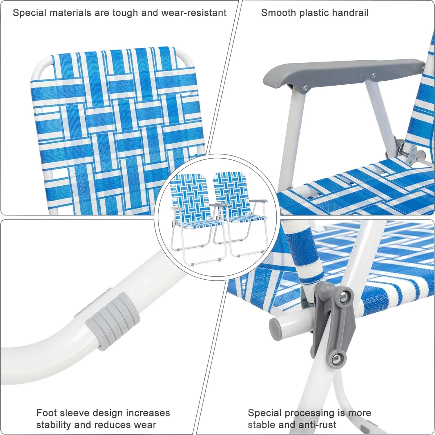 Folding Beach Chairs for Adults 2 Pack,Webbed Lawn Chairs Set Outdoor Portable Patio Camping Chair for Yard, Garden Concert Lawn Festival Sports,265 Lbs,21.26" x 21" x 36.4",Blue & White Strip