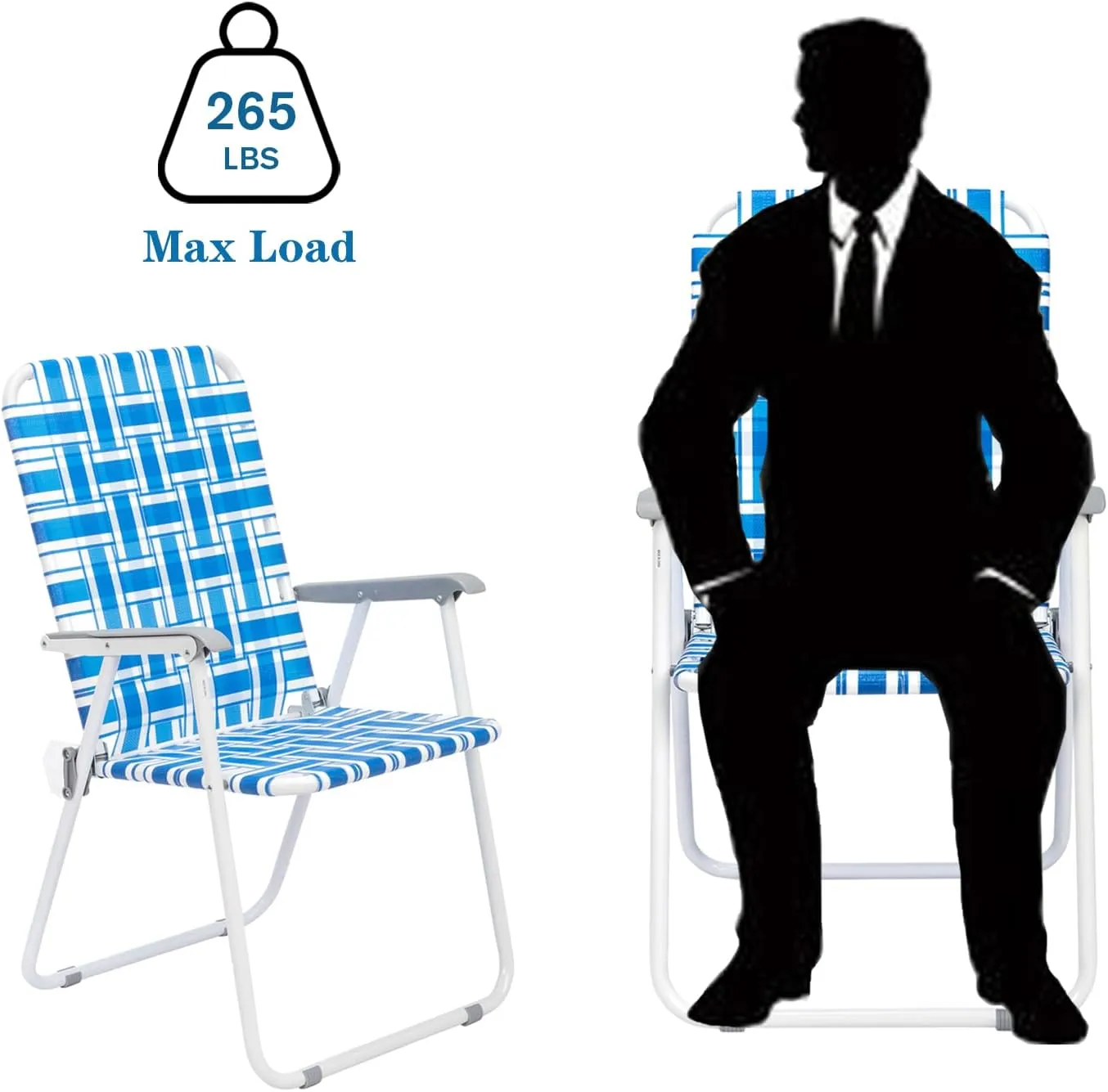 Folding Beach Chairs for Adults 2 Pack,Webbed Lawn Chairs Set Outdoor Portable Patio Camping Chair for Yard, Garden Concert Lawn Festival Sports,265 Lbs,21.26" x 21" x 36.4",Blue & White Strip