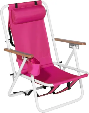 Folding Camping Chair with Adjustable Backrest and Cup Holder,Portable Backpack Outdoor Recliner Patio Lounge Chair with Headrest, Heavy Duty Steel Frame Support 350 LBS (Pink)