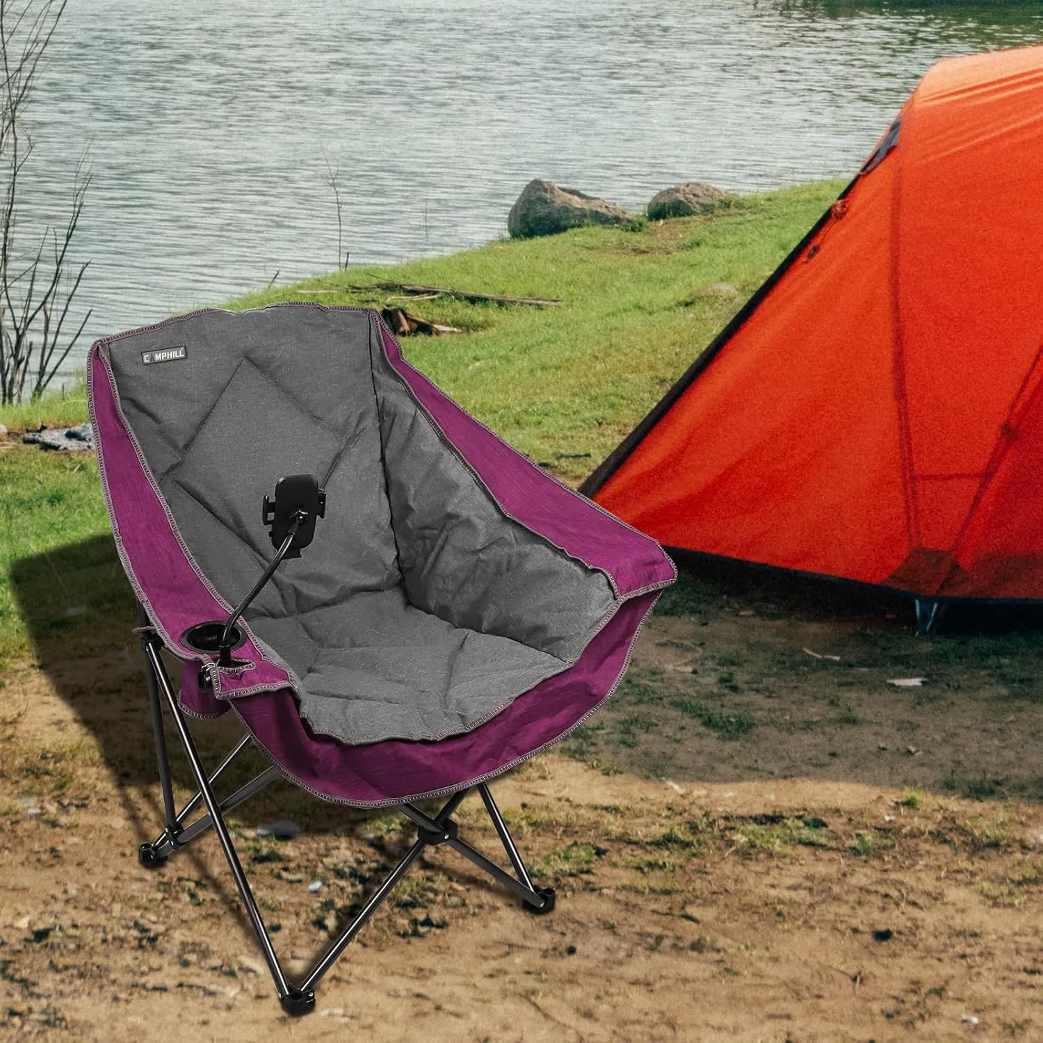 Folding Camping Chair,Oversized Portable Camping Chair with Cup Holder and Phone Holder,Heavy Duty Padded Lawn Chair for Camping, Tailgates, Beach, and Sports