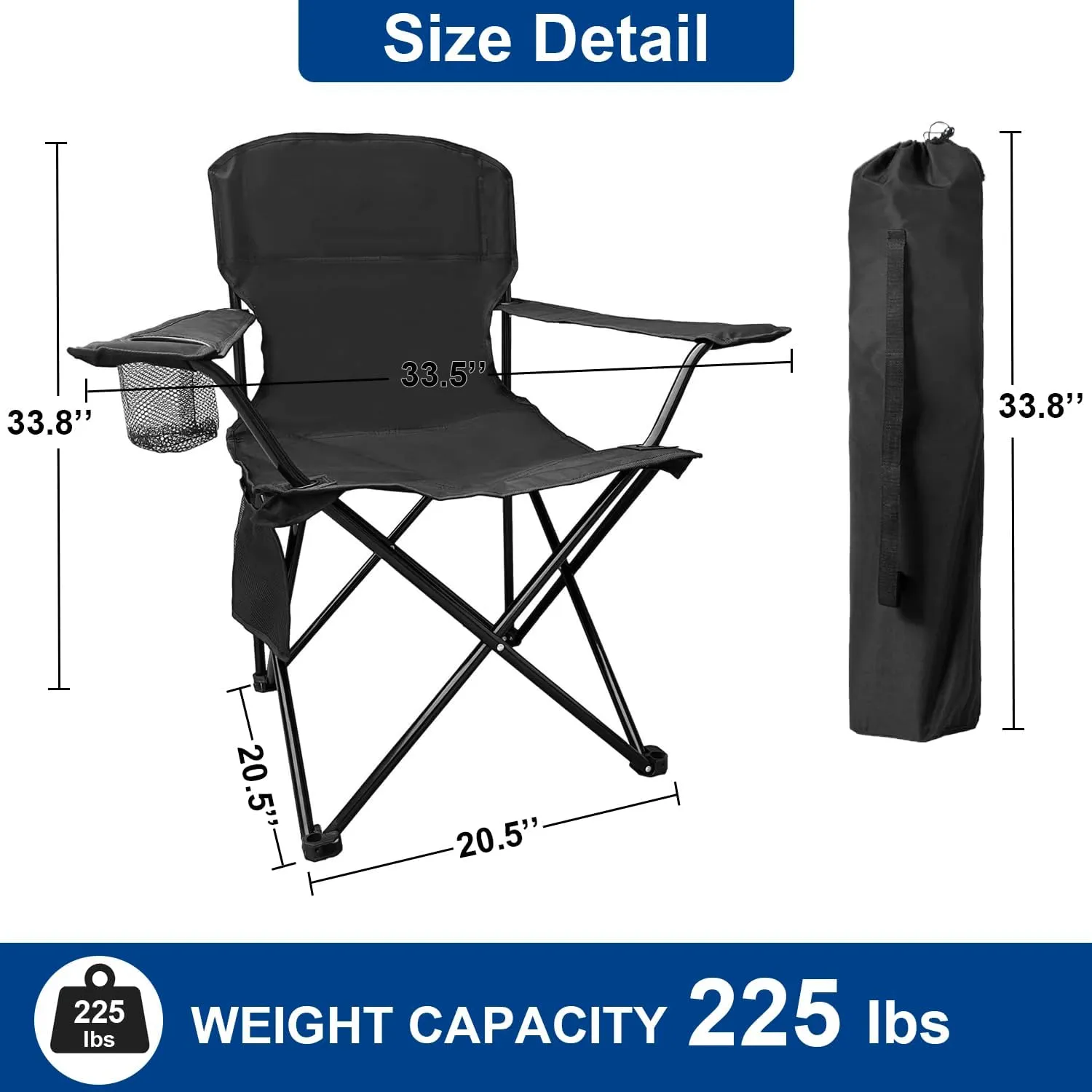 Folding Camping Collapsible Chairs Heavy Duty Lawn Chair with Cooler Bag, Storage Pocket, Waterproof Bag Outdoor Arm Chair, Supports 225LBS, Black