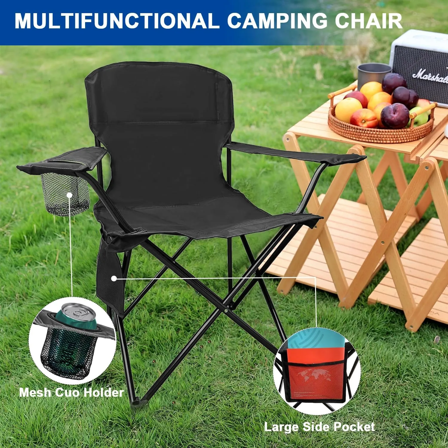 Folding Camping Collapsible Chairs Heavy Duty Lawn Chair with Cooler Bag, Storage Pocket, Waterproof Bag Outdoor Arm Chair, Supports 225LBS, Black